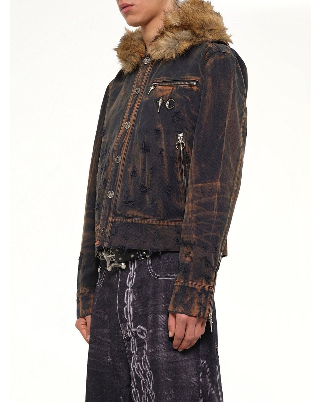 THUG CLUB Black Tc Two Tone Washed Fur Hooded Jacket for men