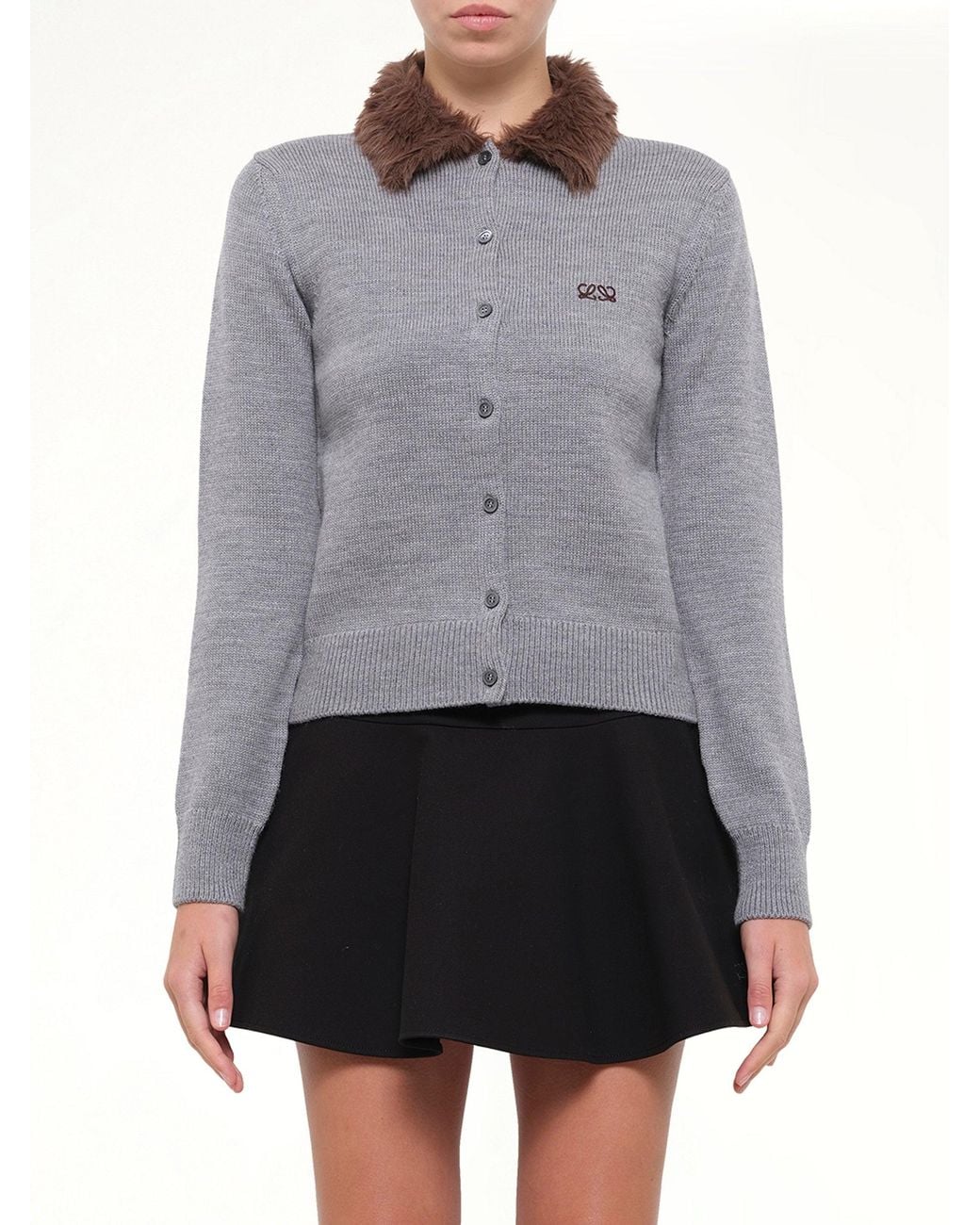 Loewe Gray Fur Collar Cardigan