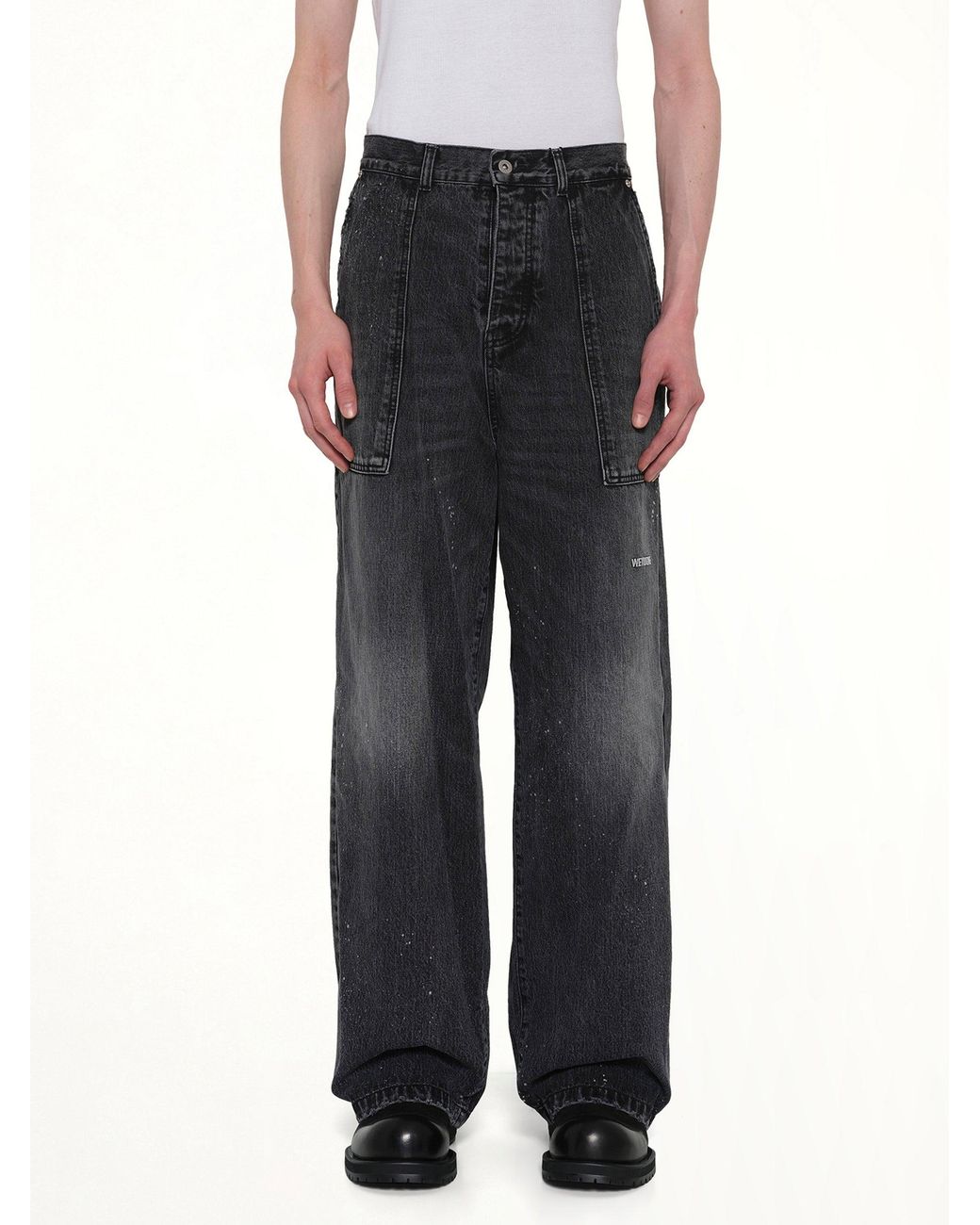 we11done Black Distressed Cargo Jeans for men