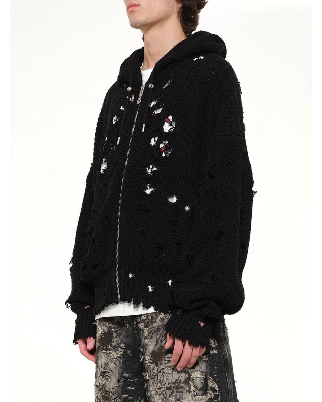 THUG CLUB Black Tc Destroyed Knit Zip-Up Hoodie for men