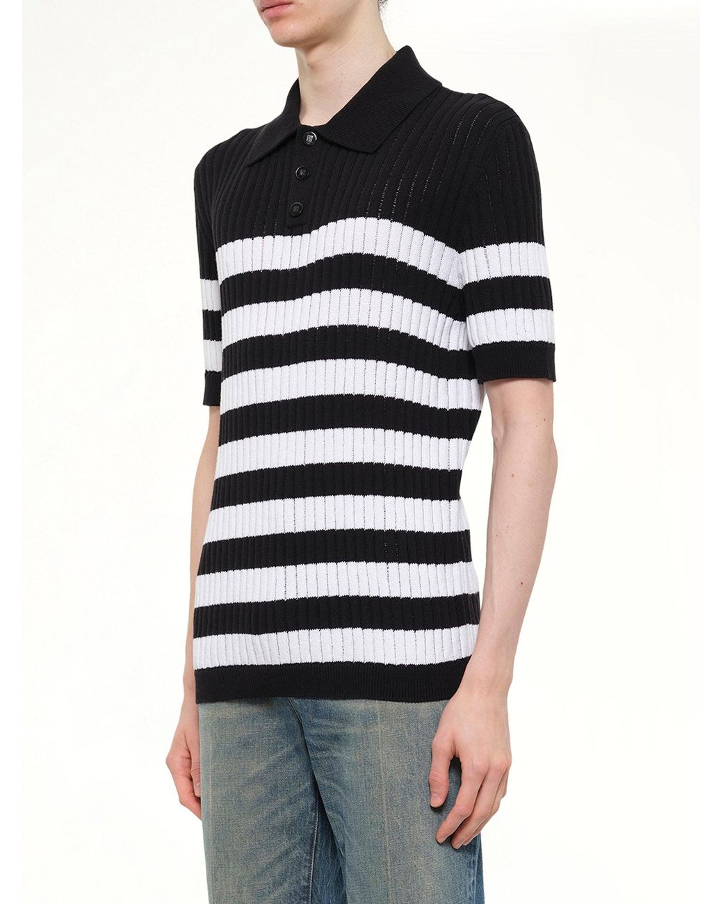 Balmain Black Mariniere Ribbed Cotton Knit Polo for men