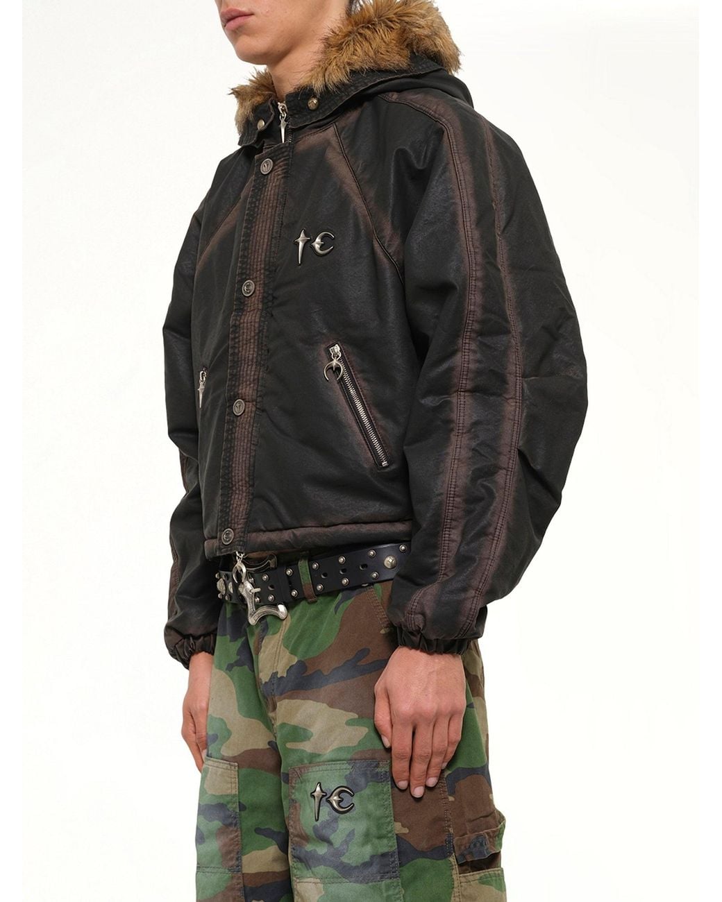 THUG CLUB Black Three Riding Skull Fur Hooded Jacket for men