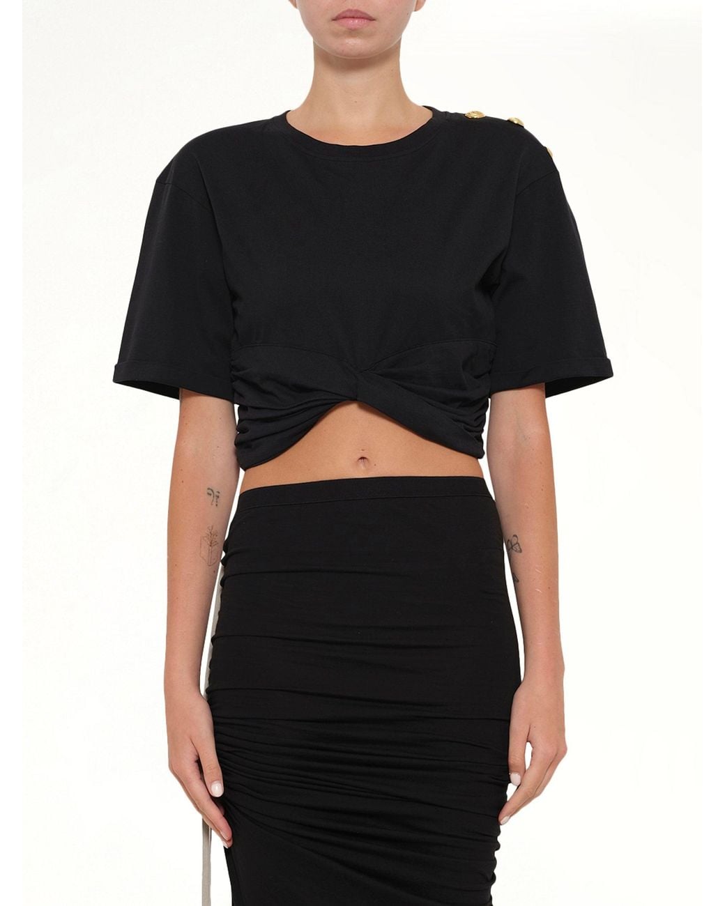 Balmain Black Cropped Knotted T-Shirt