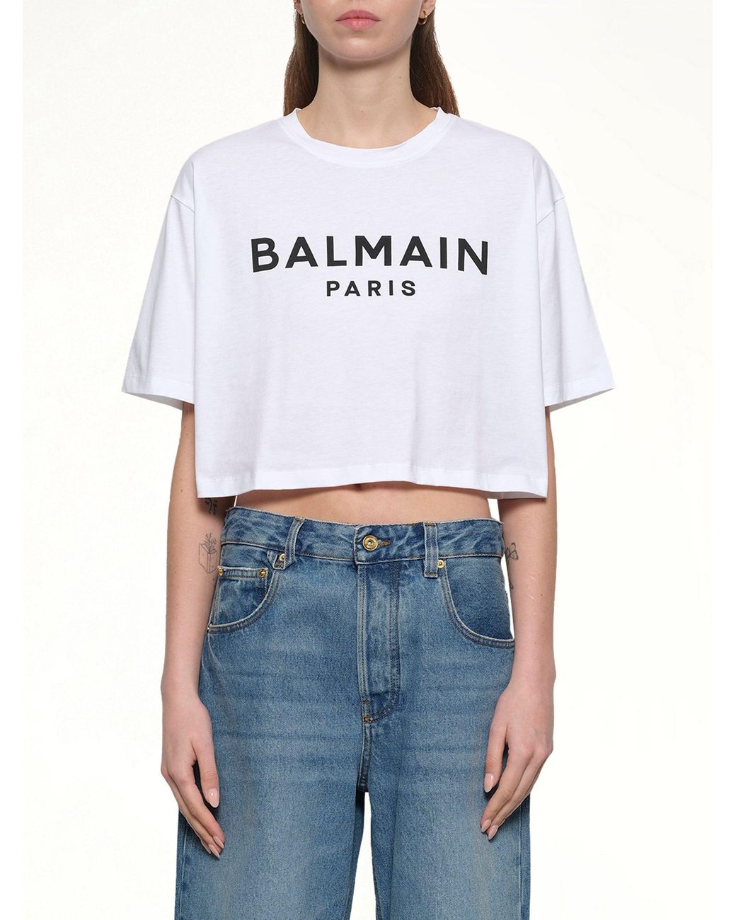 Balmain White Logo Print Cropped T-Shirt
