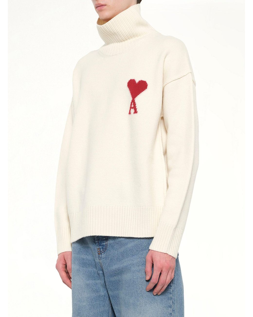 AMI White Contrasted Ami De Coeur Funnel Neck Sweater for men