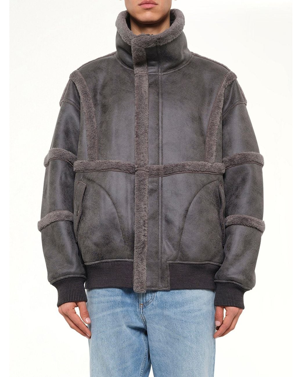 Feng Chen Wang Gray Reversible Faux Shearling Stand-Collar Jacket for men