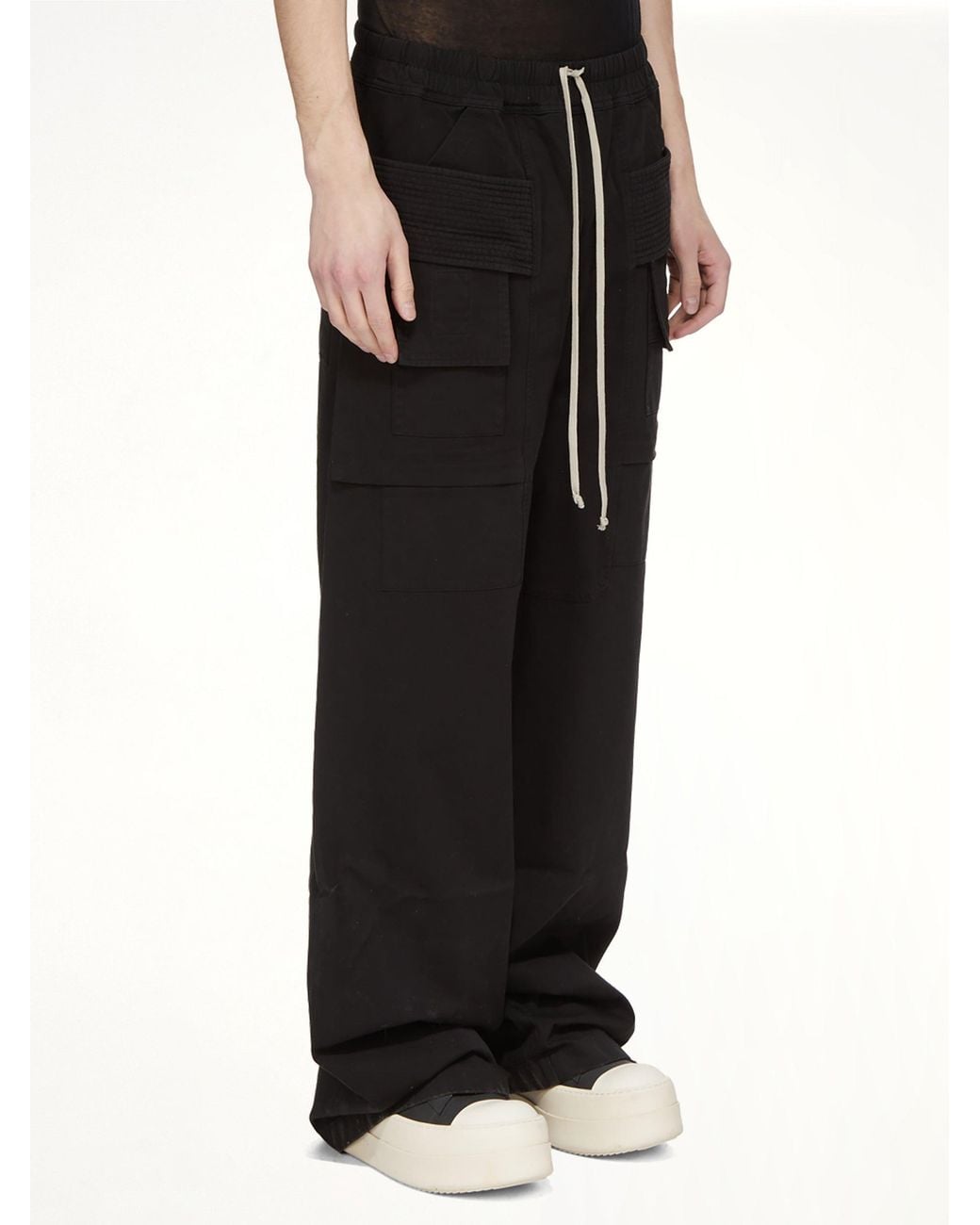 Rick Owens Black Cotton Twill Creatch Wide Cargo Drawstring Pants for men