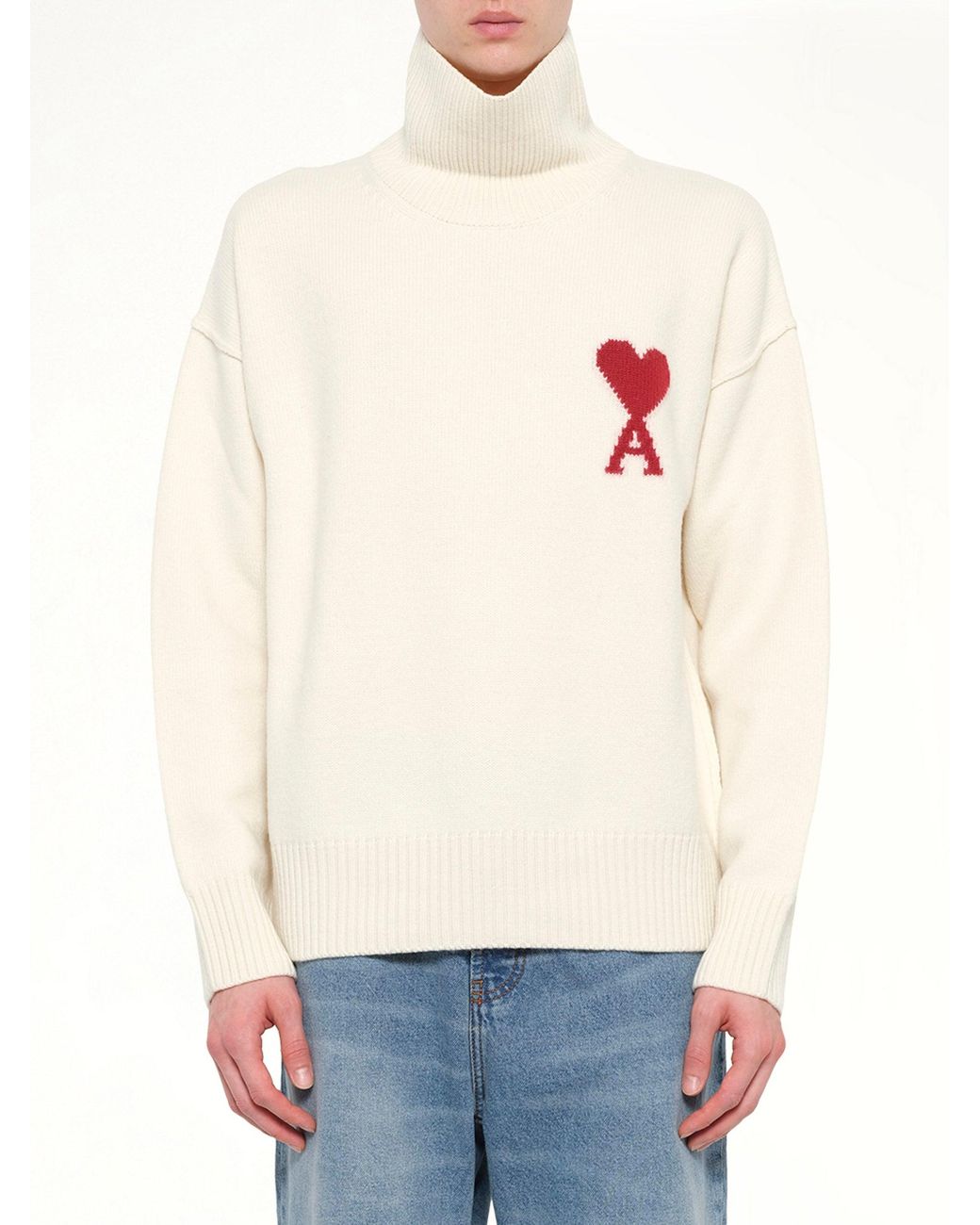 AMI White Contrasted Ami De Coeur Funnel Neck Sweater for men