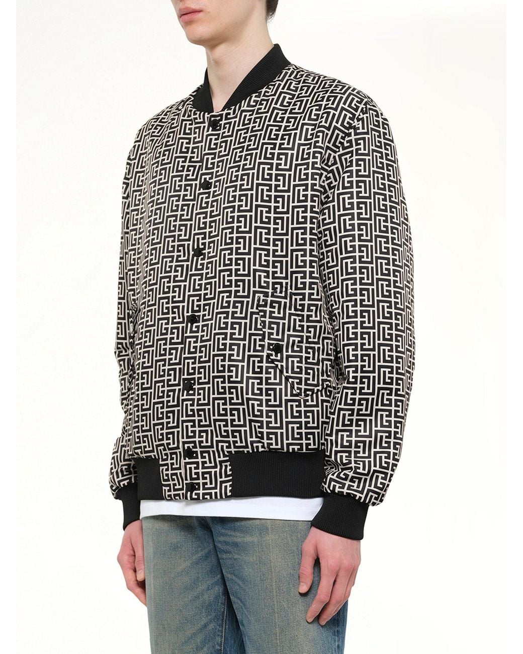 Balmain Gray Monogram Nylon/Satin Reversible Bomber for men