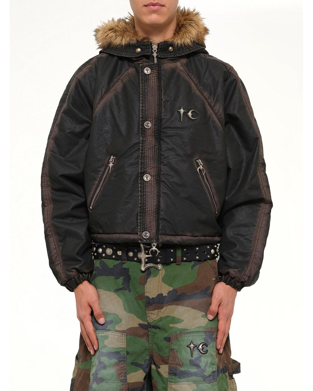 THUG CLUB Black Three Riding Skull Fur Hooded Jacket for men