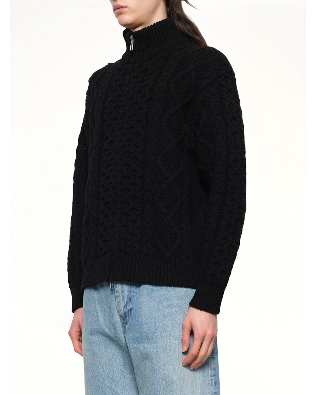 vowels Black Cable Knit Zip Up for men