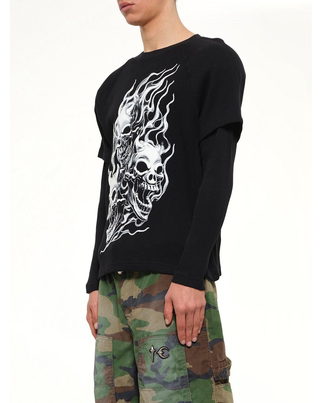THUG CLUB Black Bulk Shoulder Three Riding Skull Layered T-Shirt for men