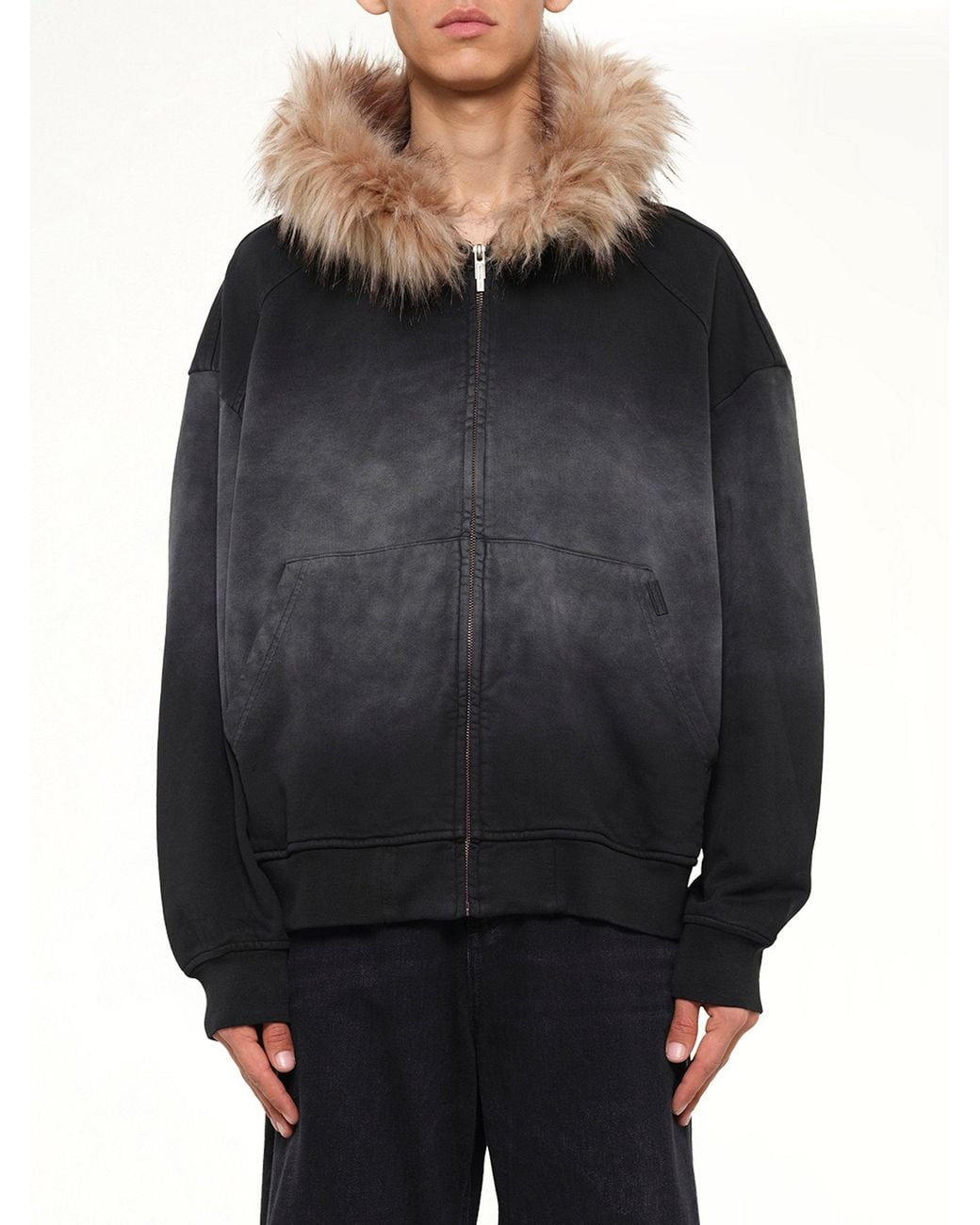Feng Chen Wang Black Washed Faux Fur-Trim Zip-Up Hoodie for men