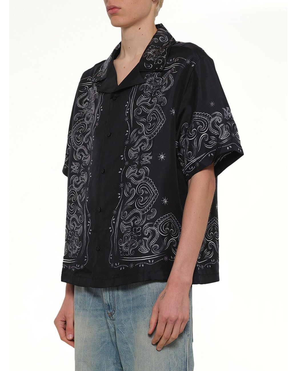Amiri Black Bandana Paint Oversized Bowling Shirt for men