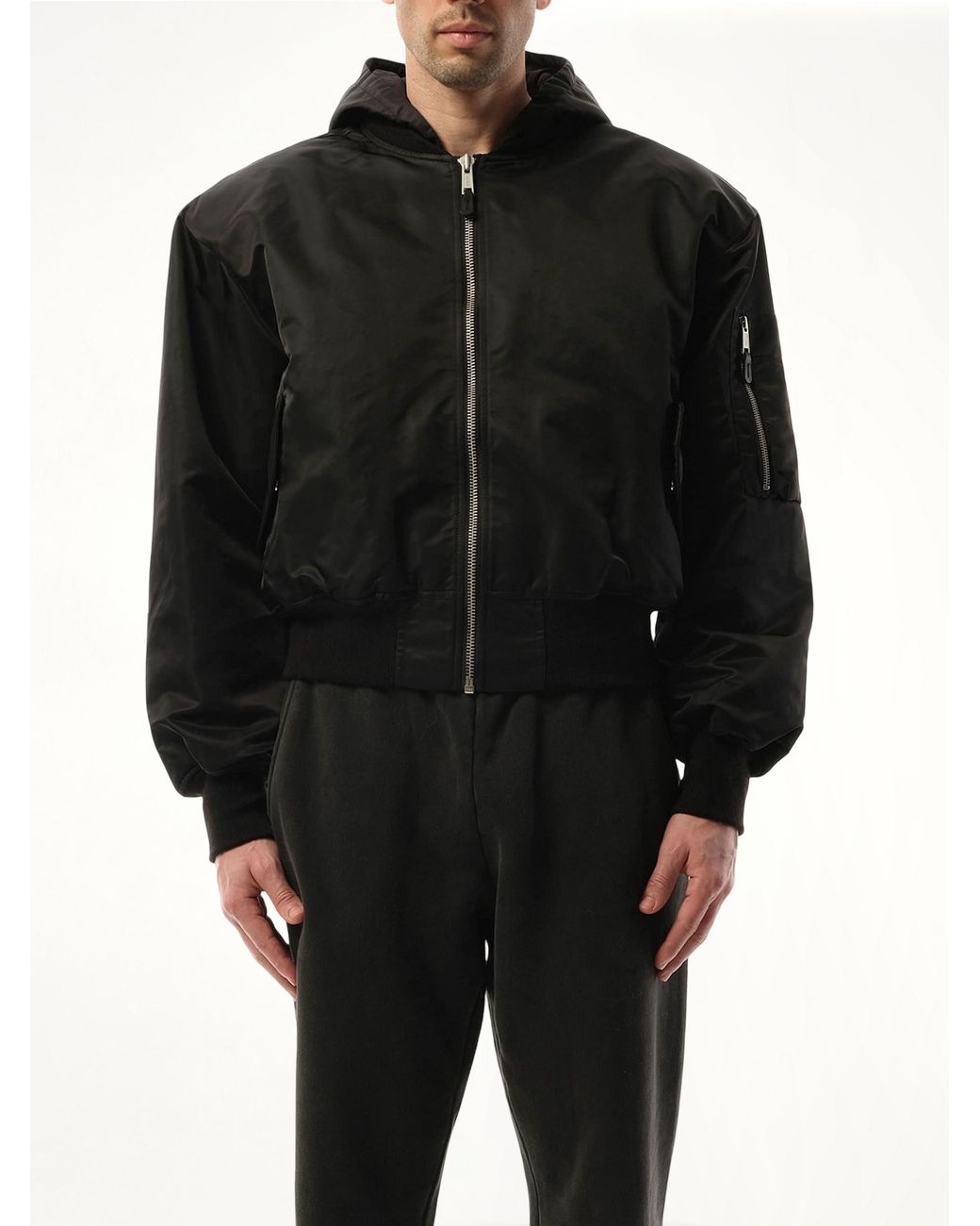 Entire studios Black Hooded Broad Bomber Jacket for men