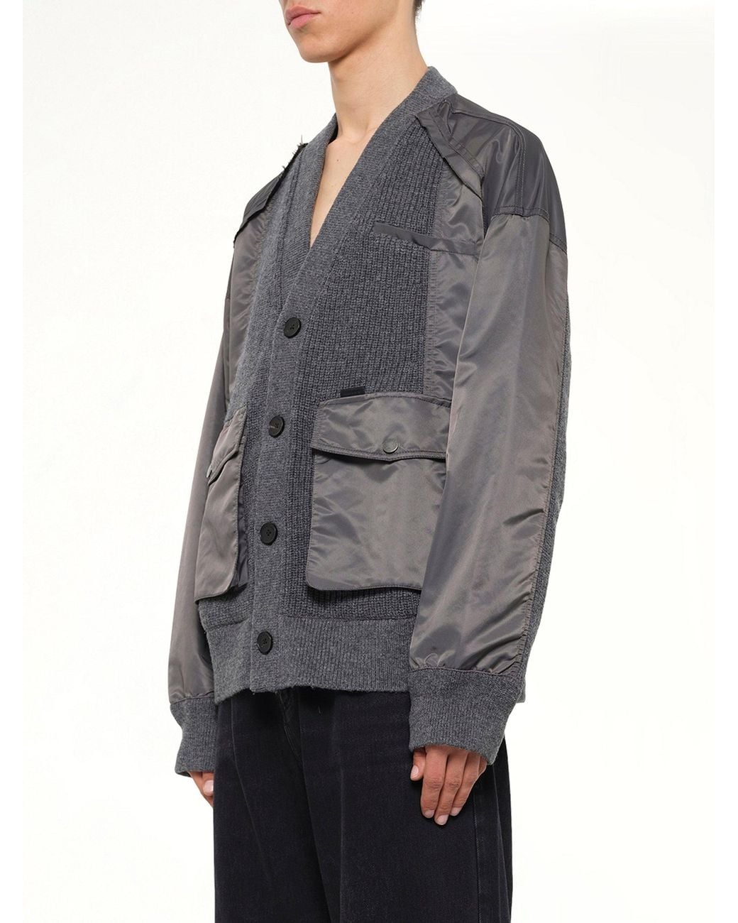 Feng Chen Wang Gray Patchwork Nylon Utility Cardigan for men