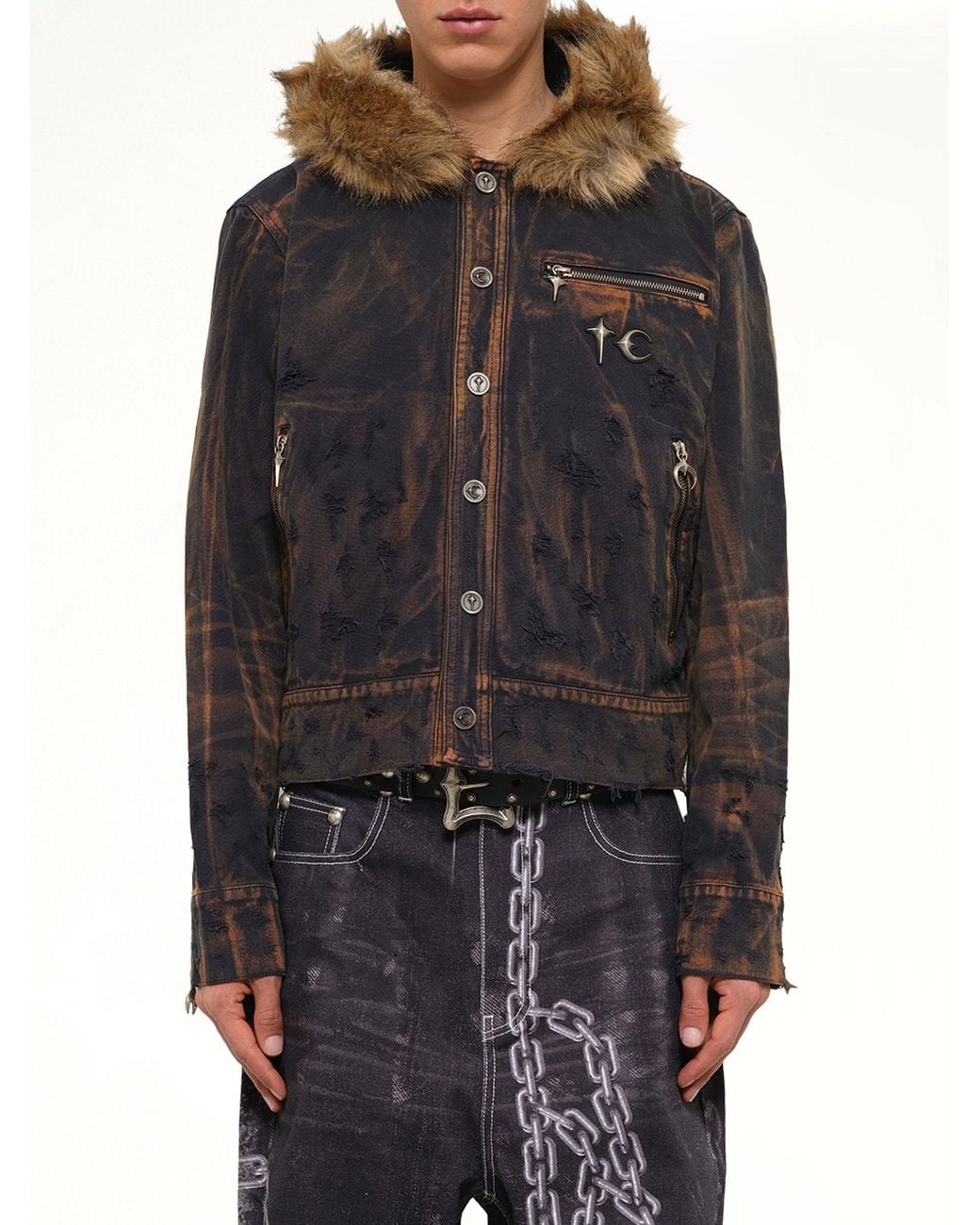 THUG CLUB Black Tc Two Tone Washed Fur Hooded Jacket for men