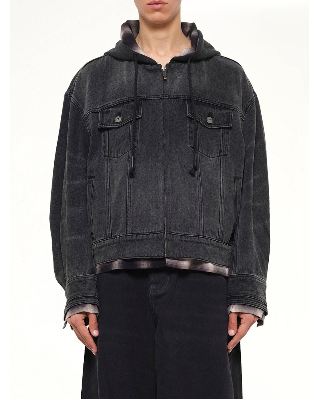 Feng Chen Wang Black Denim 2-In-1 Hoodie Jacket for men