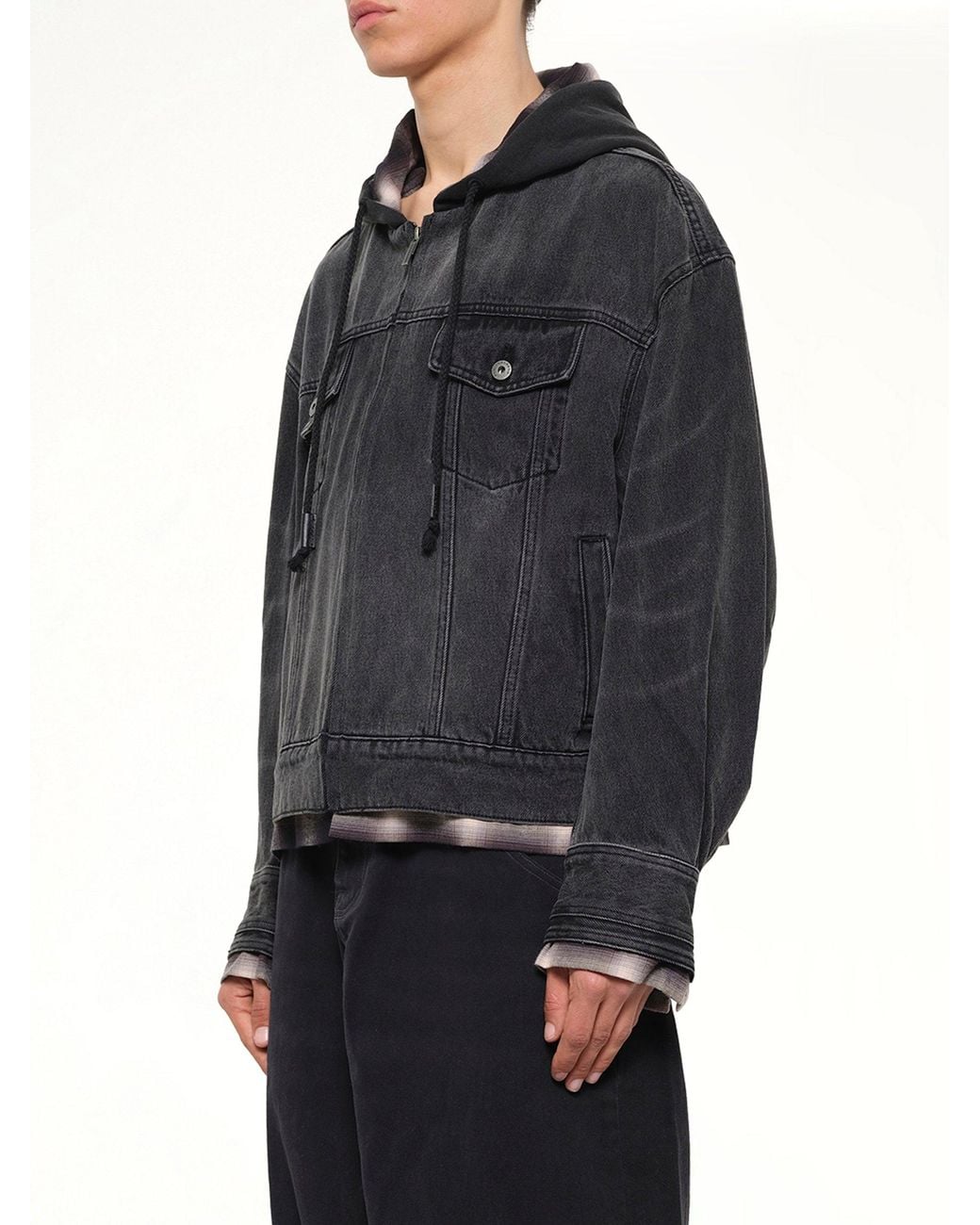 Feng Chen Wang Black Denim 2-In-1 Hoodie Jacket for men