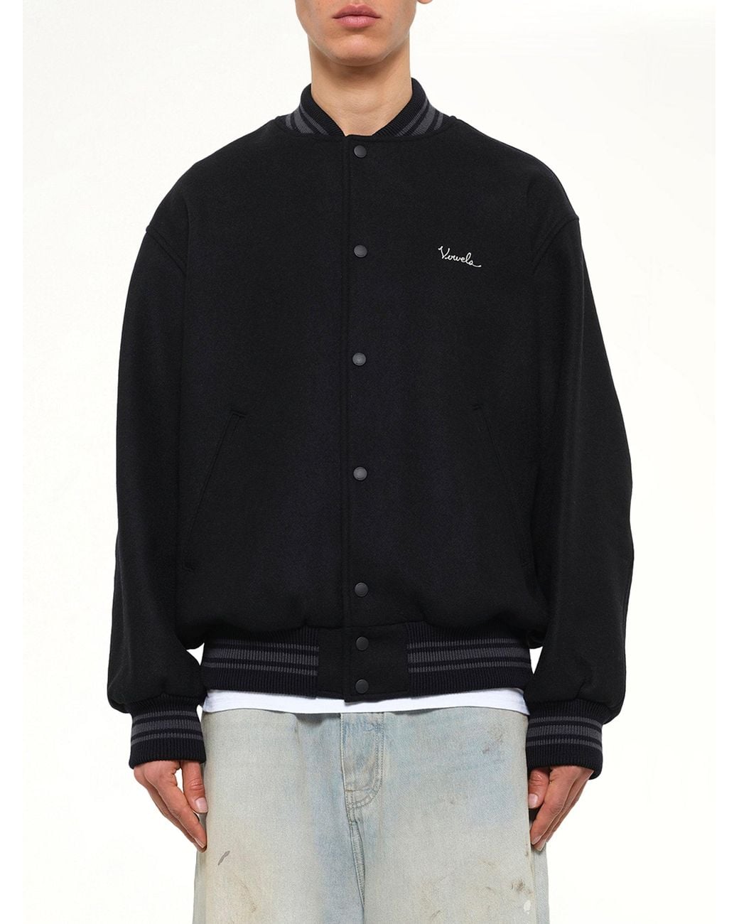 vowels Black Wool Varsity Jacket for men