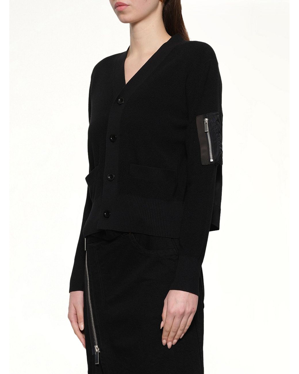 Sacai Black Nylon Twill X Cotton Knit Cardigan