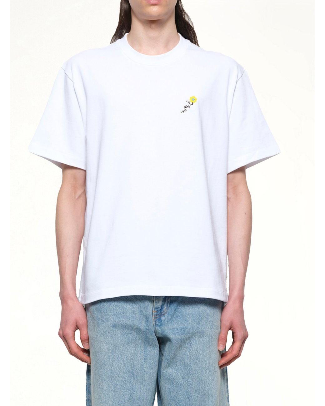 vowels White Floral Embroidered T-Shirt for men