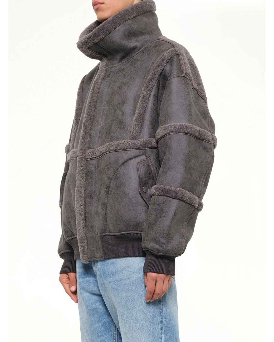 Feng Chen Wang Gray Reversible Faux Shearling Stand-Collar Jacket for men