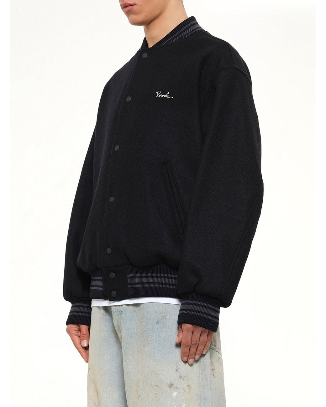 vowels Black Wool Varsity Jacket for men