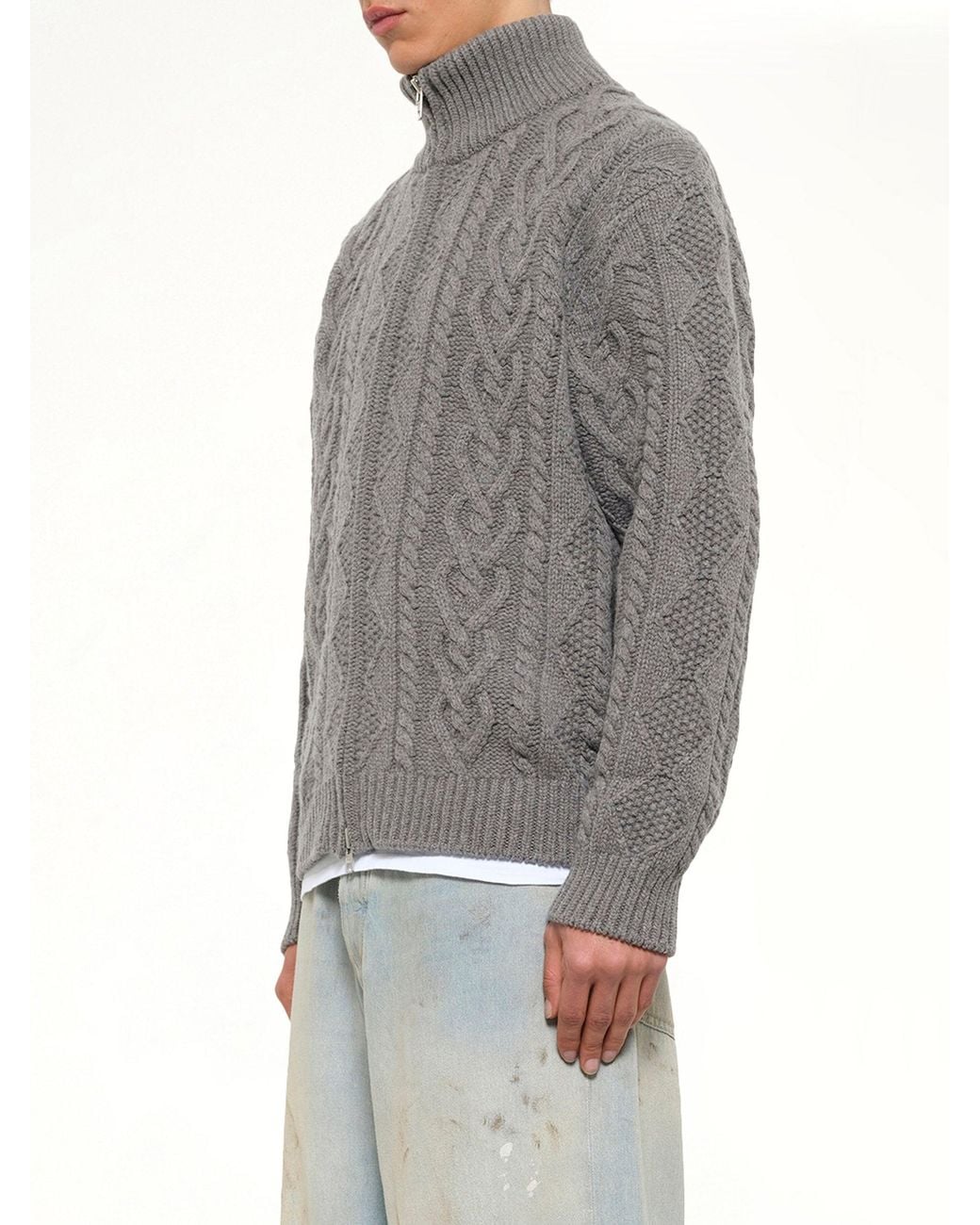 vowels Gray Cable Knit Zip Up for men