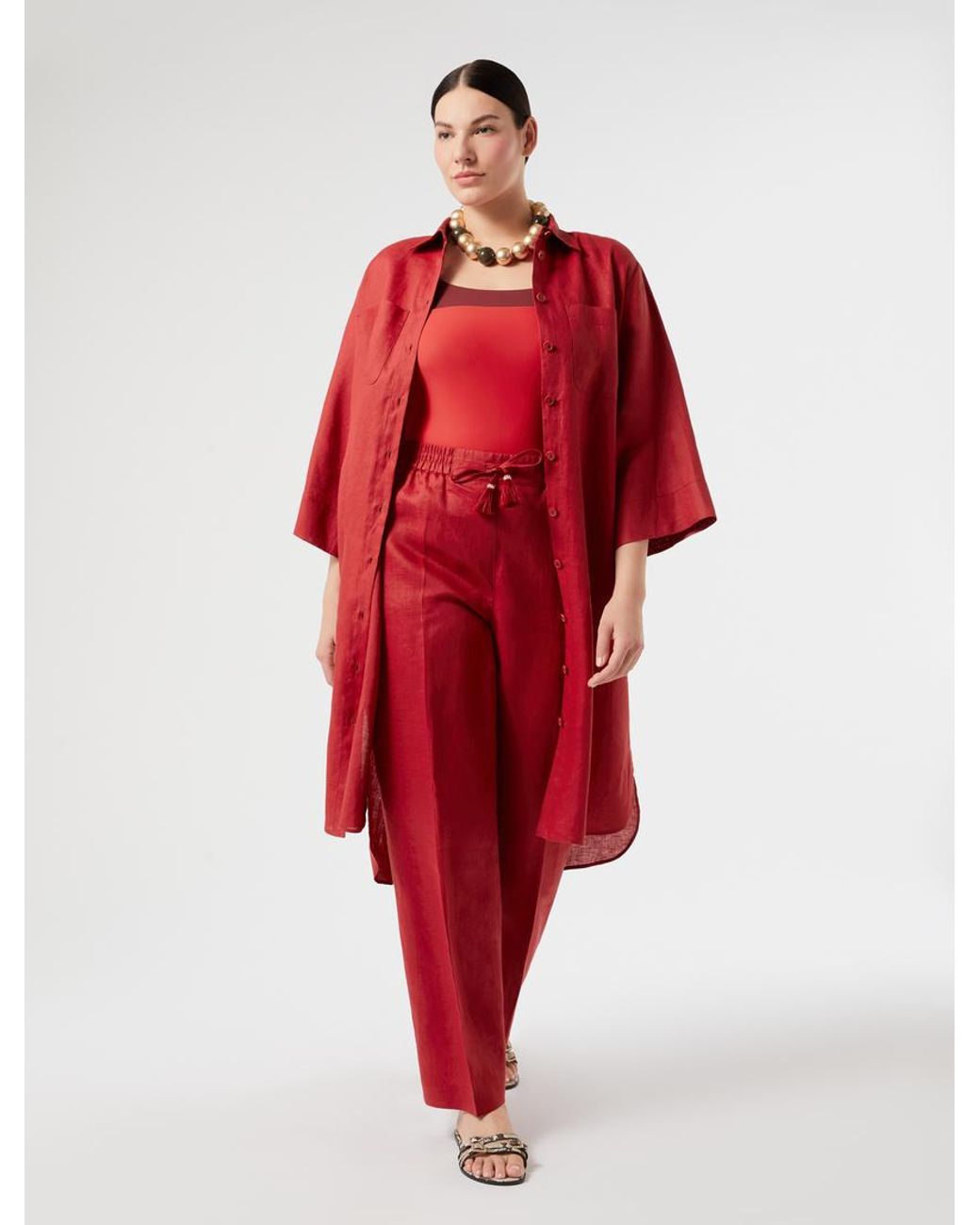 Robe-Chemise En Toile De Lin Marina Rinaldi en coloris Red