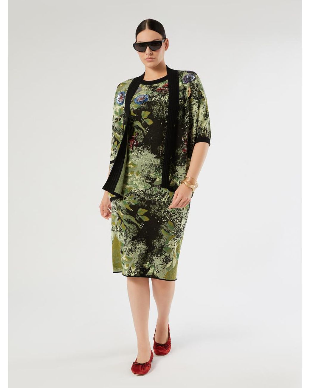 Marina Rinaldi Green Besticktes Jacquardkleid