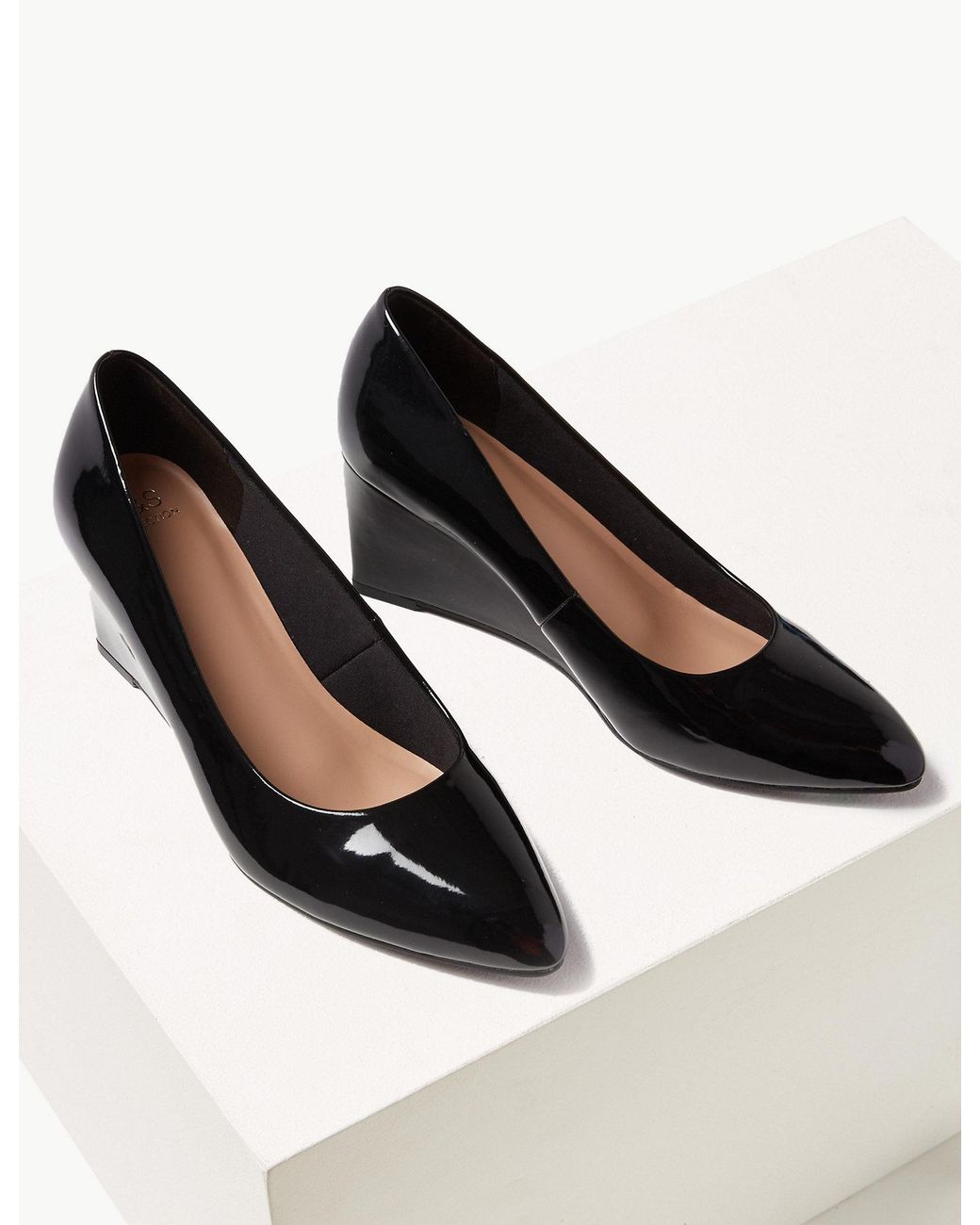 Black patent wedge court shoes Clearance