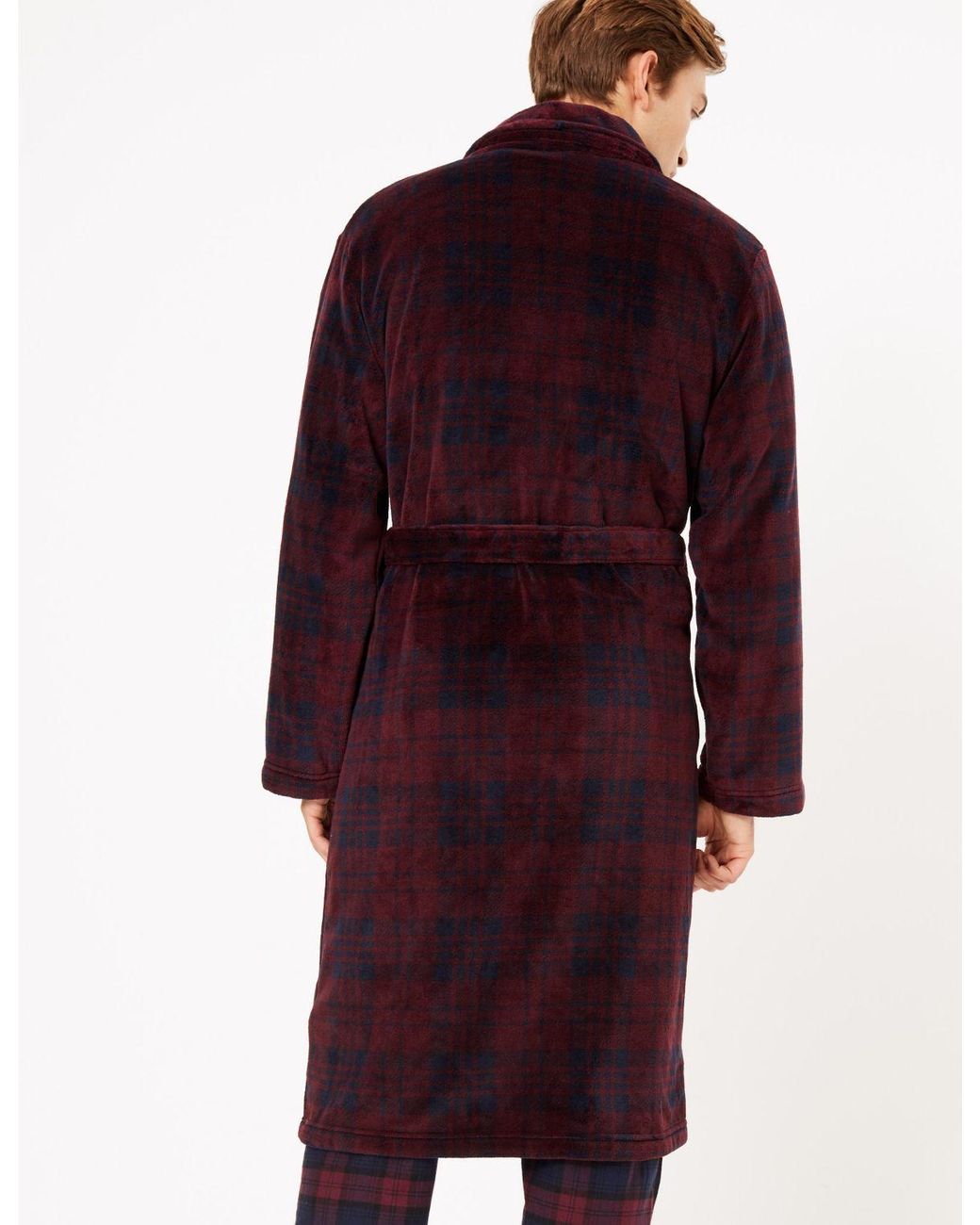 Ex Marks and Spencer Mens Blue Brushed Cotton Checked Dressing Gown