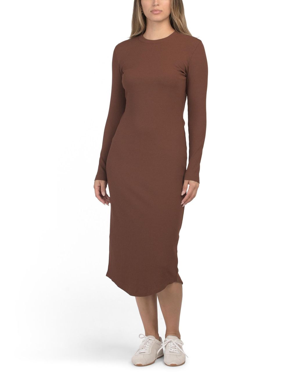 Marshalls Long Sleeve Ribbed Midi Dress For in Brown | Lyst Marshalls Long Sleeve Ribbed Midi Dress For in Brown | Lyst