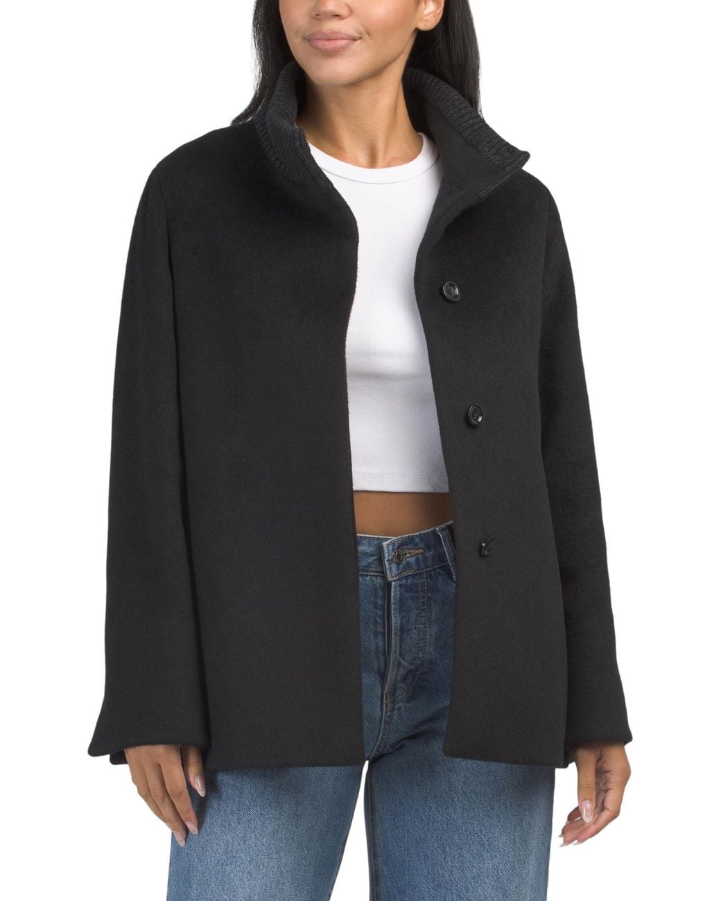 MARSHALLS Black Virgin Wool Blend Single Button Short Coat For