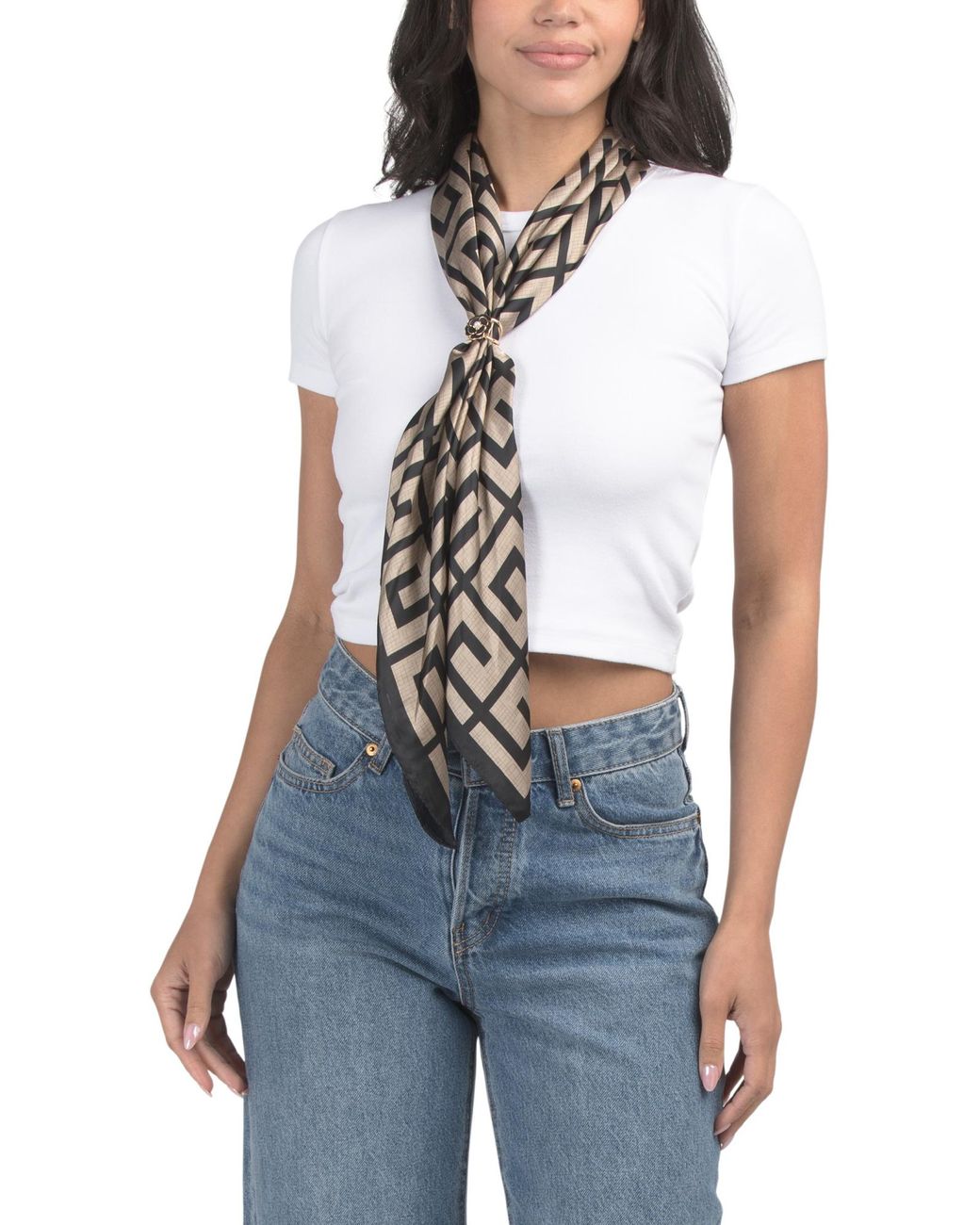 MARSHALLS Blue Geometric Satin Square Scarf With Scarf Ring For