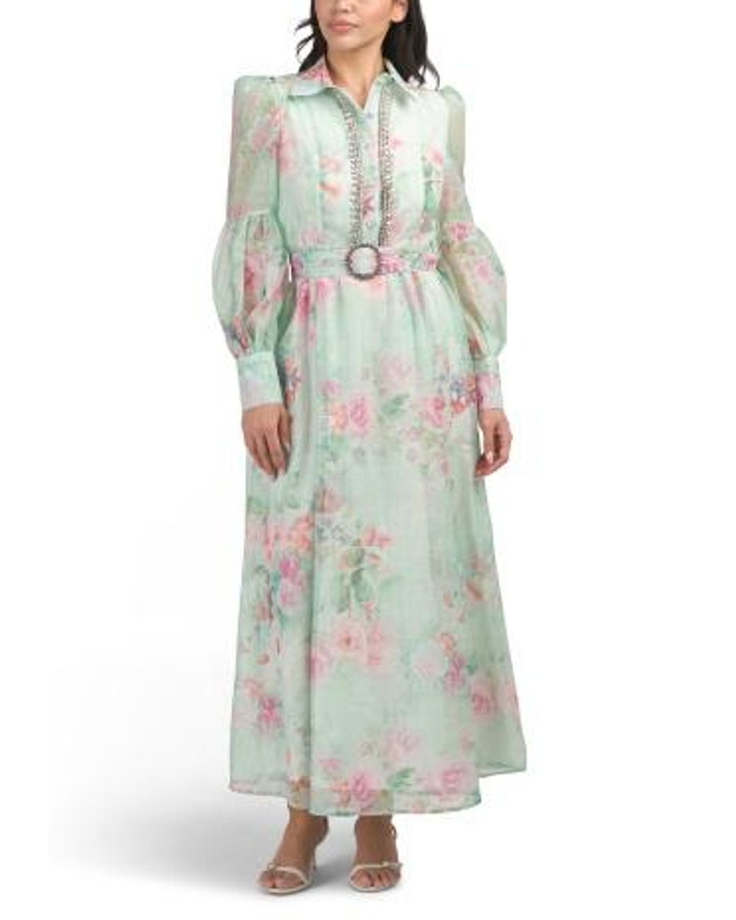 Marshalls Long Sleeve Floral Maxi Dress With Rhinestone Embellished  Neckline For in Green | Lyst