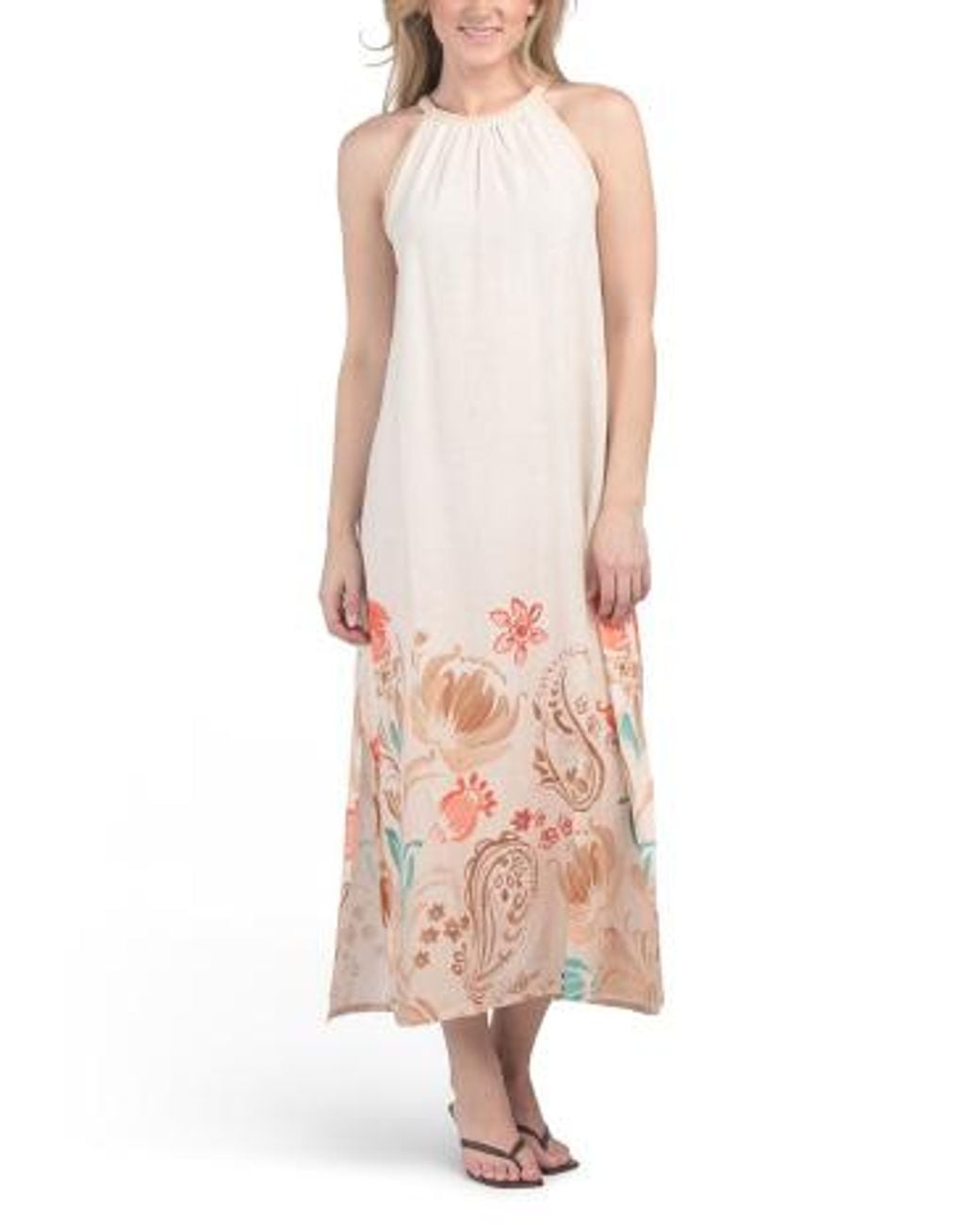 Marshalls Linen Blend Halter Neck With Metallic Trim Maxi Dress For in Pink  | Lyst