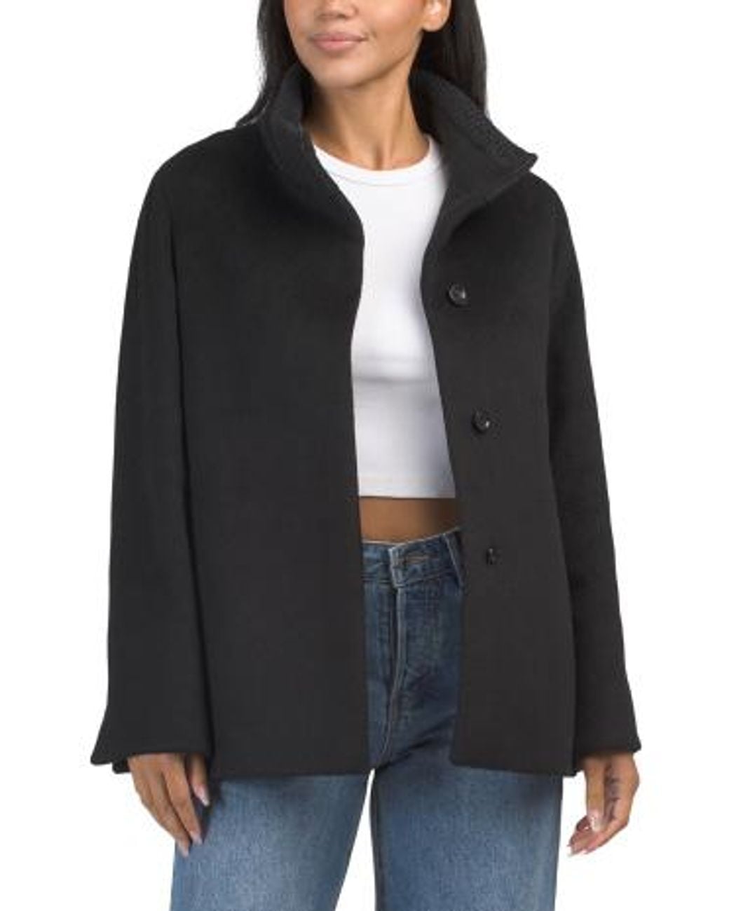 MARSHALLS Black Virgin Wool Blend Single Button Short Coat For