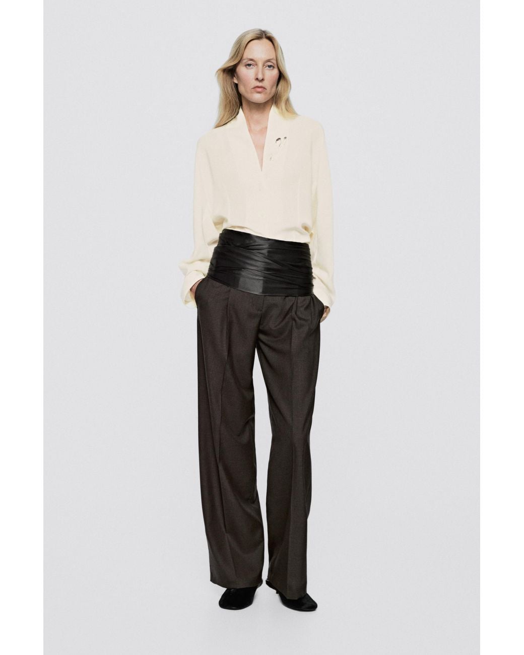 MASSIMO DUTTI White Flowing Shirt With Tuxedo-Style Collar