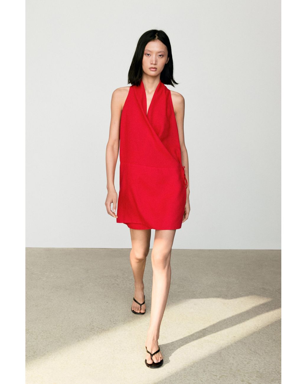 MASSIMO DUTTI Red 100% Linen Surplice Mini Dress