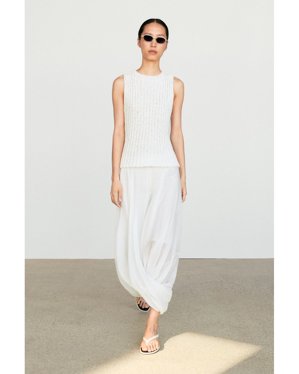 MASSIMO DUTTI White Textured Cotton Knit Top
