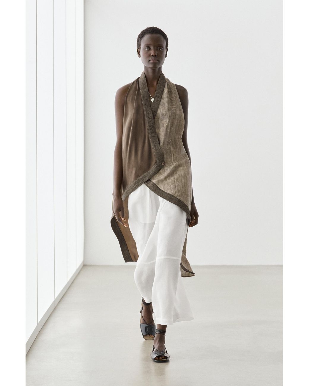 MASSIMO DUTTI White Flowing Linen Blend Pants With Seams