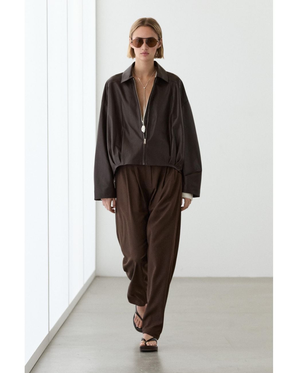 MASSIMO DUTTI Brown Nappa Leather Bomber Jacket With Pleat Detail