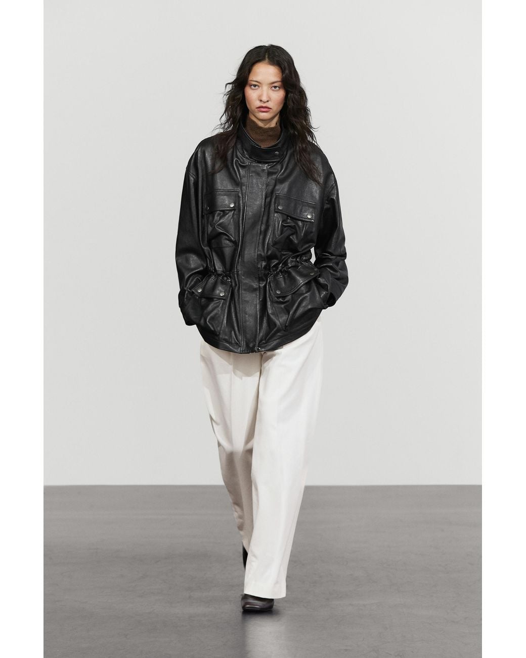 MASSIMO DUTTI Black Nappa Leather Jacket With Pocket Details