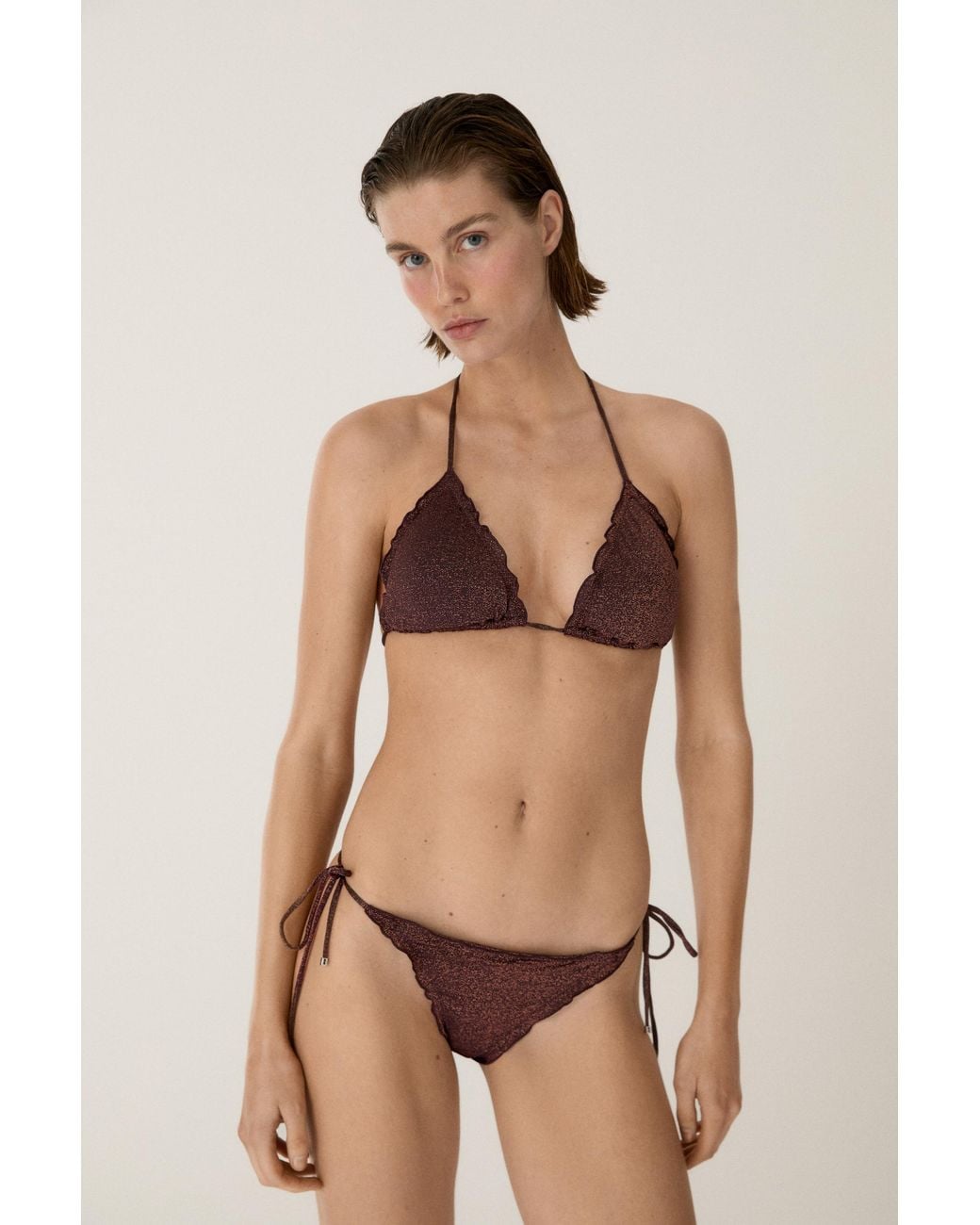 MASSIMO DUTTI Brown Shimmery Ruffled Bikini Top