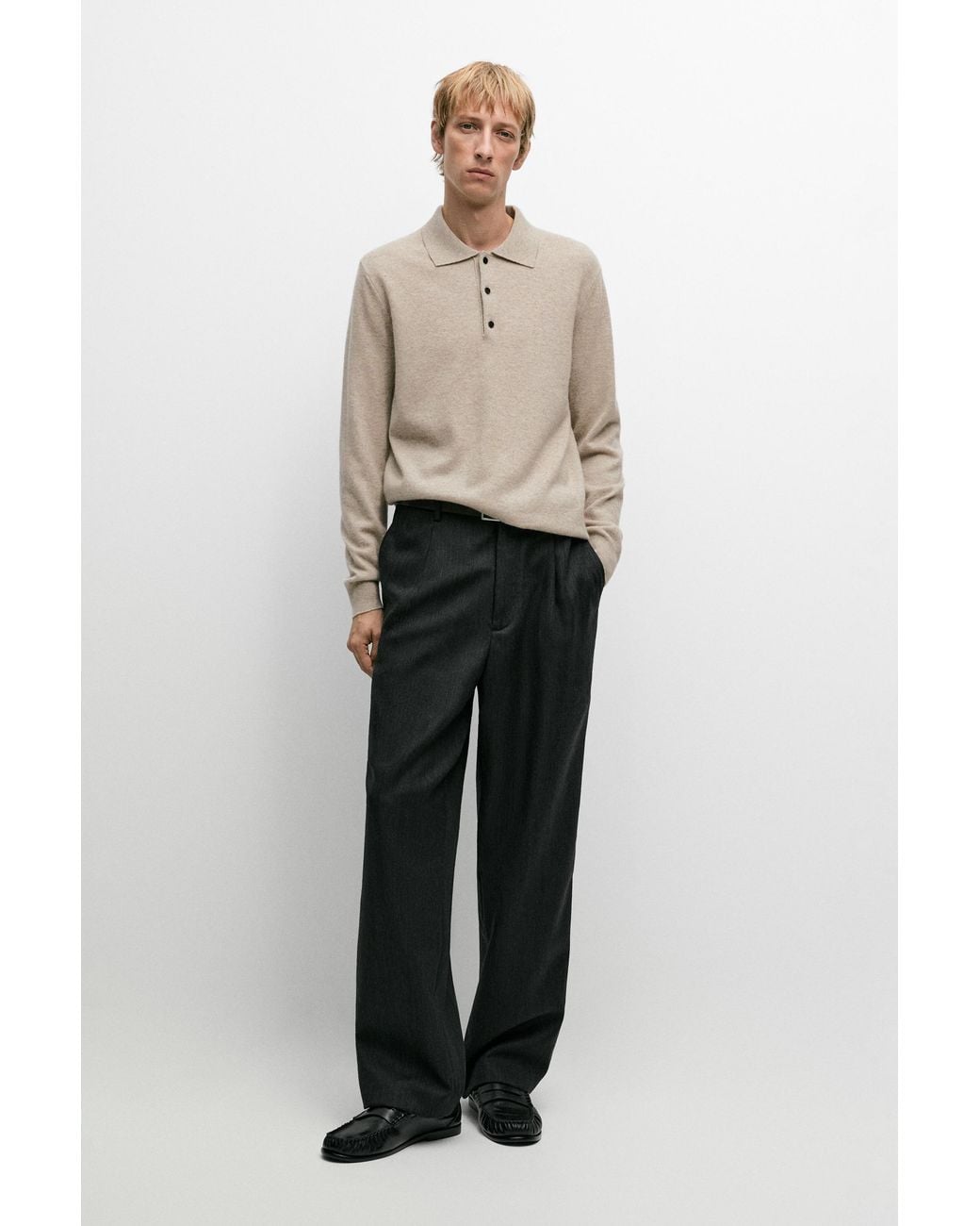 MASSIMO DUTTI Natural 100% Cashmere Knit Polo Sweater for men