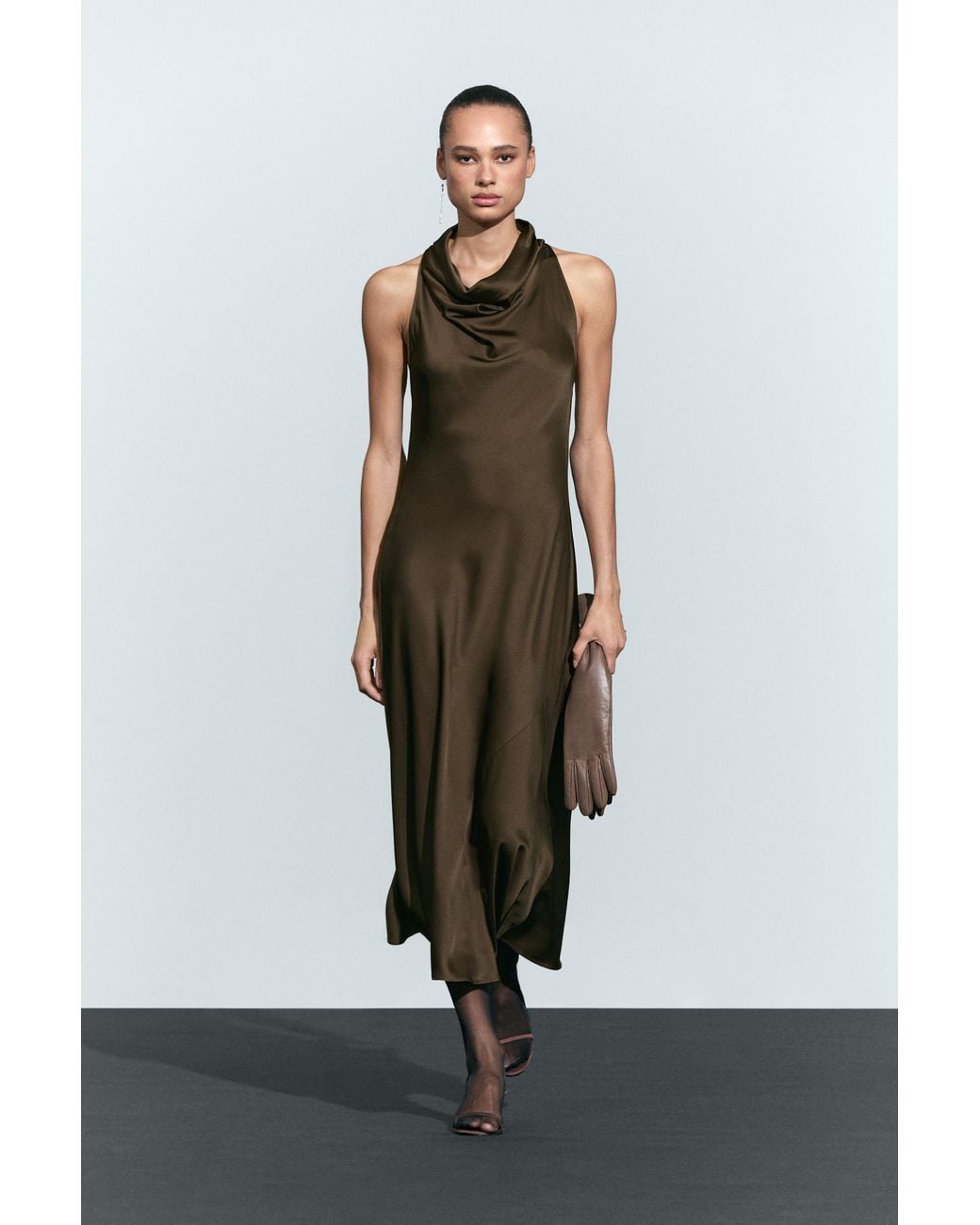 MASSIMO DUTTI White Draped Satin Midi Dress