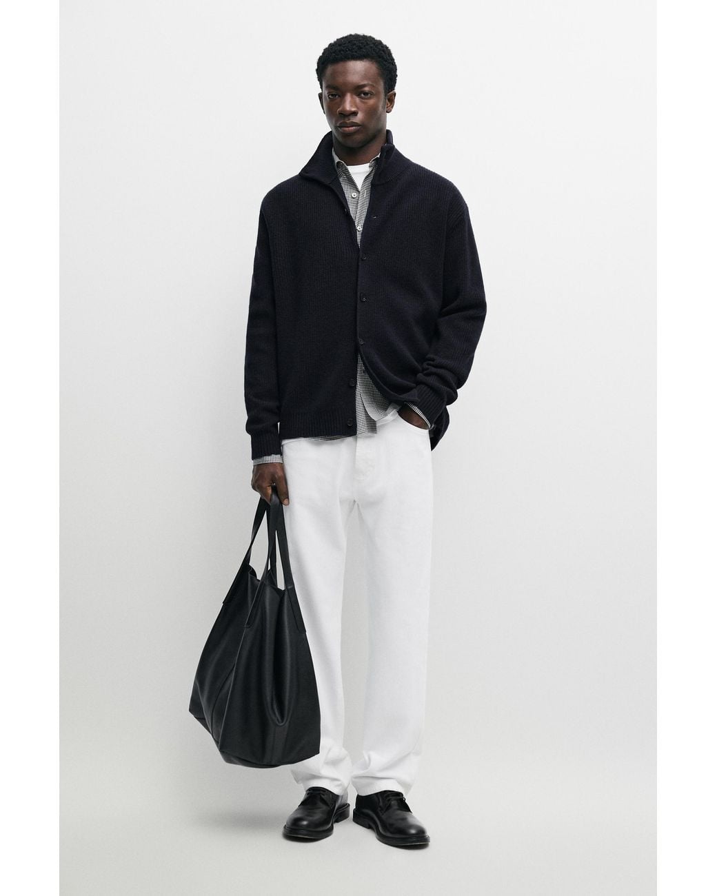 MASSIMO DUTTI Black Wool Blend Button Knit Cardigan for men