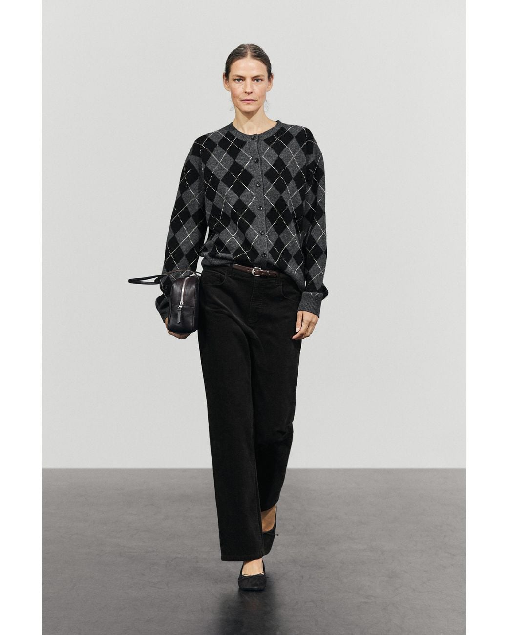 MASSIMO DUTTI Black 100% Wool Argyle Knit Cardigan